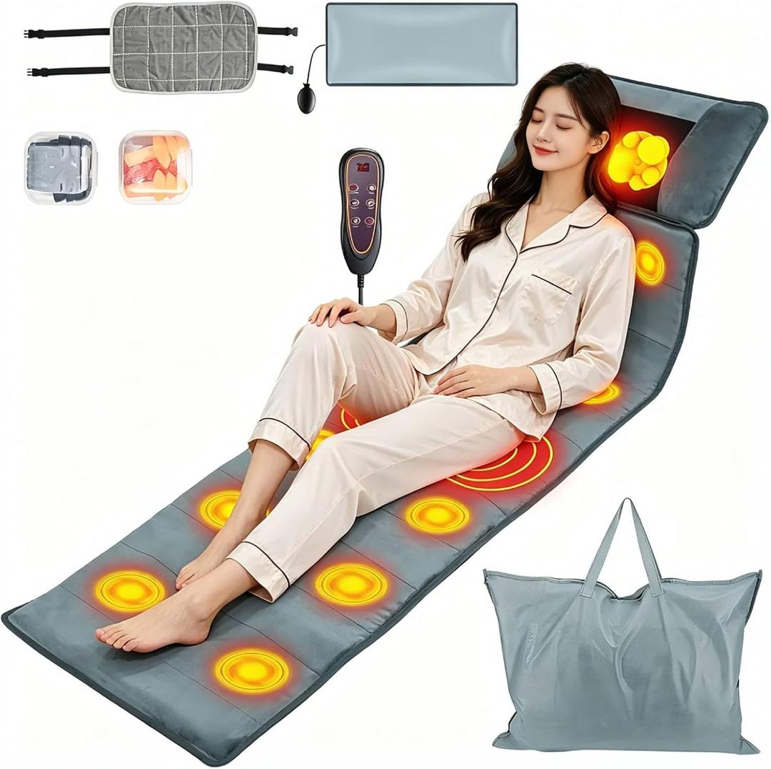 TeqHome Full Body Massage Mat with Heat, 10 Motors, 9 Modes & Auto Shut-Off with Earplugs & Pillow Cloth, Neck/Back Relief, Anti-Slip for Bed/Sofa, Gift for Men Women