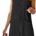 CHARTOU Women Shorts Overall Front Button Cotton Linen Summer Wide Leg Shorts Romper (X-Large, Black)