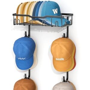 AOODA 40 Caps Hat Rack for Wall, Metal Hat Organizer Storage for Baseball Caps with Shelf and 4 Hooks Design, Hanging Cap Holder Hanger for Closet, Bedroom (Black)