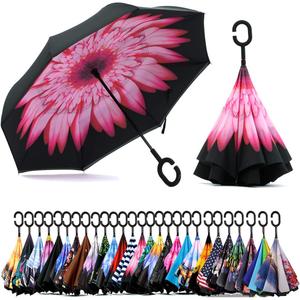 SIEPASA 49/56 Inch Inverted Reverse Upside Down Umbrella, Extra Large Double Canopy Vented Windproof Waterproof Stick Golf Umbrellas with C-shape Handle.
