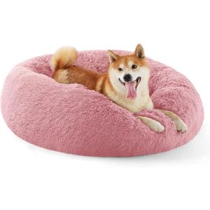 Bedsure Calming Dog Bed for Medium Dogs - Donut Washable Medium Pet Bed, 30 inches Anti-Slip Round Fluffy Plush Faux Fur Cat Bed, Fits up to 45 lbs Pets, Mauve Blush