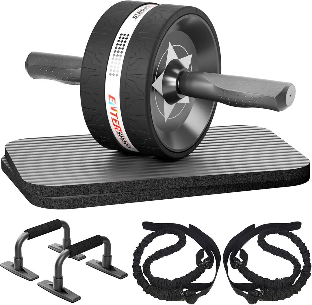 Ab Rollers Wheel Kit, Exercise Wheel Core Strength Training Abdominal Roller Set with Push Up Bars, Resistance Bands, Knee Mat Home Gym Fitness Equipment for Abs Workout (Black)
