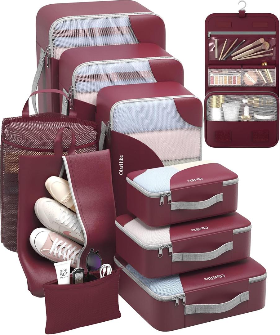 10 Set Packing Cubes for Travel, Gifts for Women Mom,Anti-Tearing Suitcase Organizer for Luggage with Shoe & Hanging Toiletry Bag,OlarHike Vacation Essentials & Accessories for Cruise Ship (08 Burgundy)