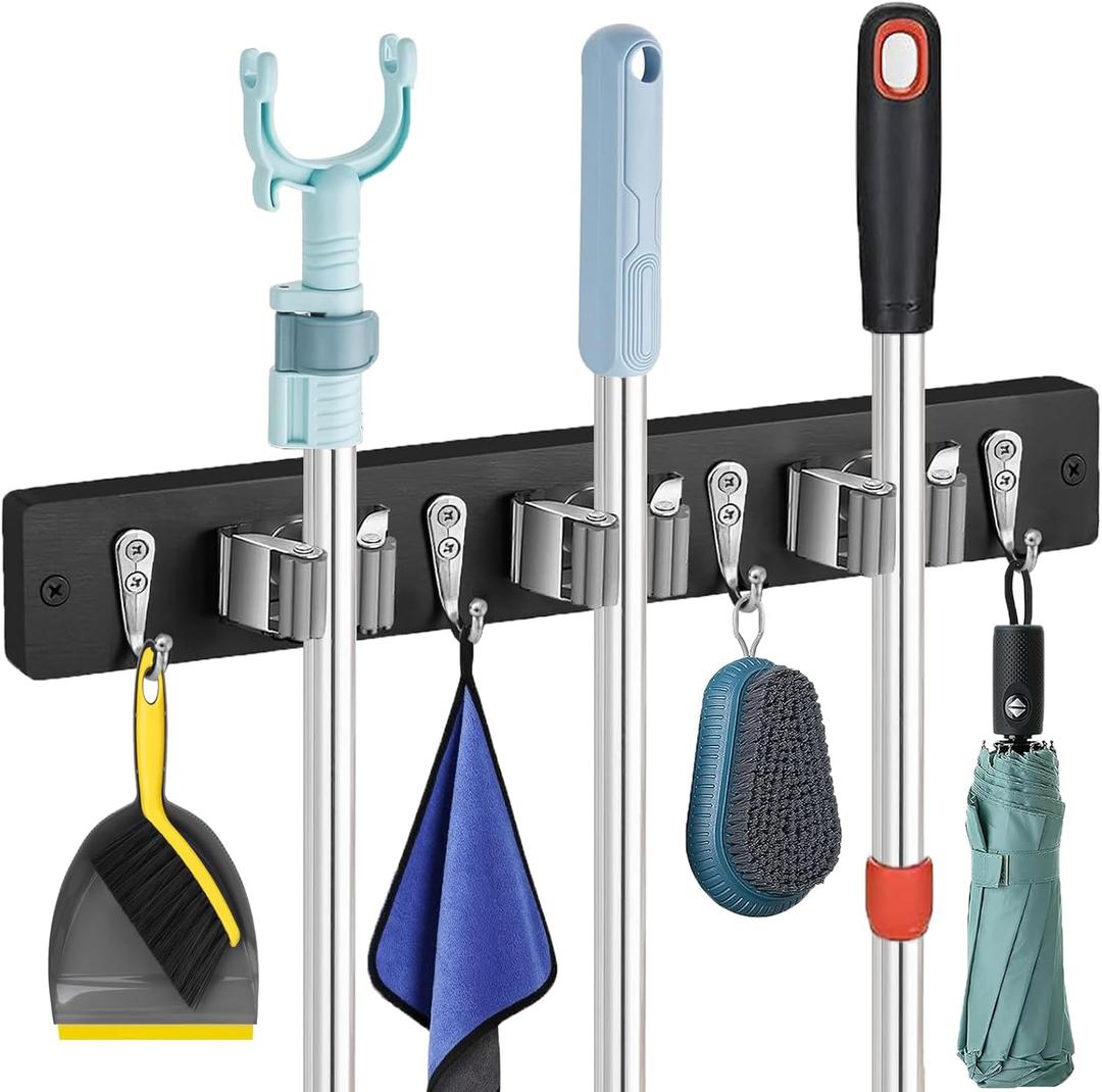 Mop and Broom Holder Wall Mount - Rustic Wood Broom Hanger Wall Mount | Laundry Room Decor - Broom Organizer Wall Mount for Farmhouse Garden Kitchen Garage Tool Organizer(Black-3slots/4hooks)