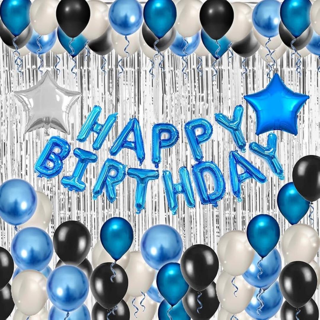 Blue Black Birthday Party Decorations Kit for Men 49 Pieces, Happy Birthday Banner, Fringe Curtains, Foil Balloons Party Dcor for Men Boys Women Girls Birthday Party Supplies