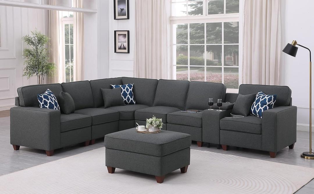 YOPTO 127" Modular Sectional Sofa with Movable Ottoman&Nailhead Trim Armrest,L-Shape Convertible Couch W/Cup Holder,USB Port&Hidden Storage Box,7 Seat Chenille Sectionals,6 Pillow,for Living Room,Gray