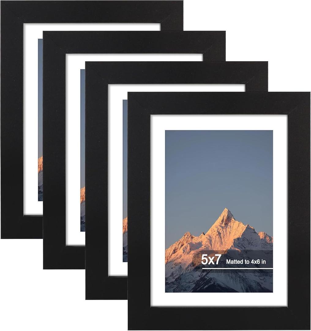 5x7 Picture Frame Set of 4, High Definition Real Glass, Display Pictures 4x6 with Mat or 5x7 Without Mat, Gallery Wall Hanging or Tabletop Photo Frames, Black
