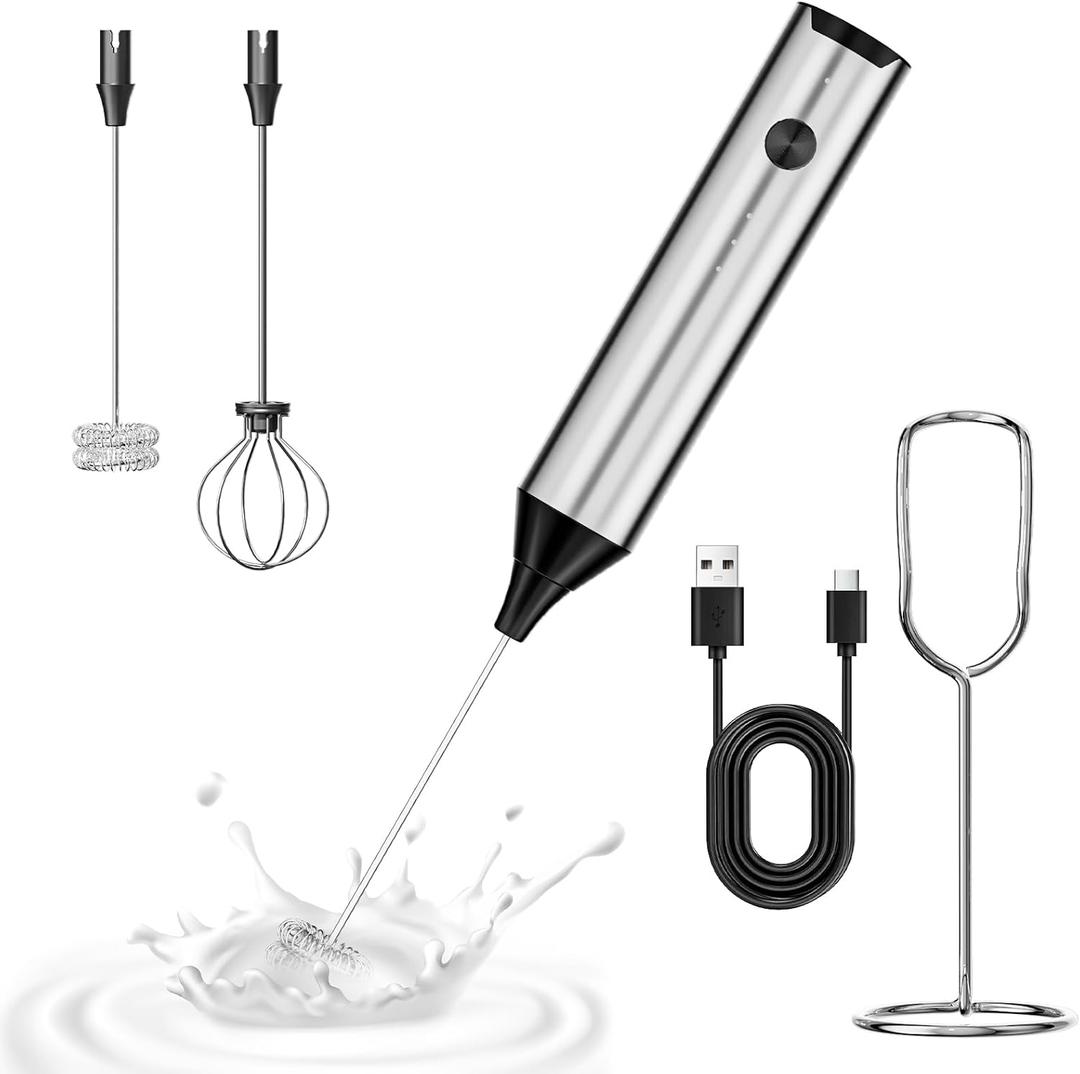 Kitchen Milk Frother Handheld with Stand, 3 Speeds Adjustable Mixer Electric Handheld Frother Wand, Hand Mixer Matcha Whisk Coffee Stirrers for Matcha, Hot Chocolate, Egg - Stainless Steel