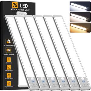Under Cabinet Lighting Wireless, Rechargeable 10inch Motion Sensor Light Indoor, 3 Color Closet Light Battery Operated with LED Power Display, Magnetic Under Counter Lights for Kitchen, Home (6Pack) (Silver)