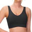 THE GYM PEOPLE Women's Padded Sports Bra V-Neck Wireless Stretchy Workout Crop Tops with Cross Hem Soft Yoga Bras, S Black