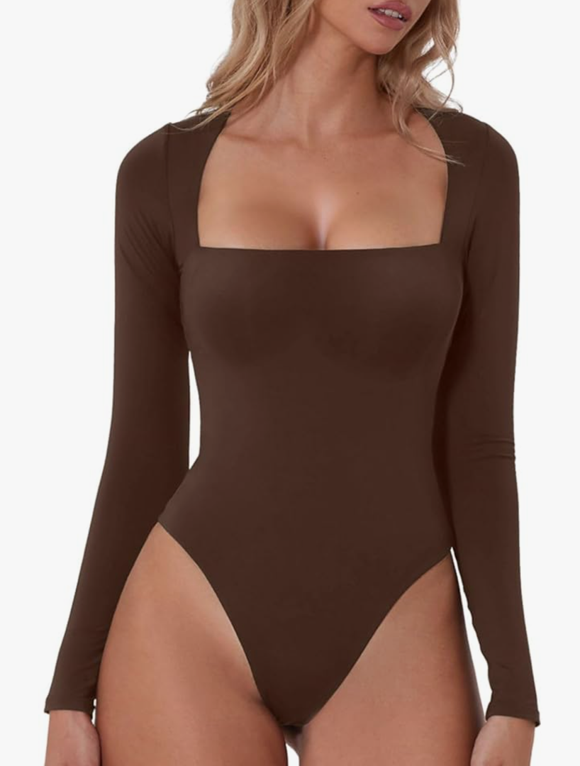 QINSEN Women's Sexy Square Neck Bodysuit Long Sleeve Double Lined Shirt Tops M