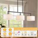 47" W Modern Linear Kitchen Island Pendant Light Fixture 3-Light White Linen Drum Shade Chandelier Black Metal Linear Chandeliers for Dining Room Farmhouse Hanging Light for Living Room, Bar, E26, Large
