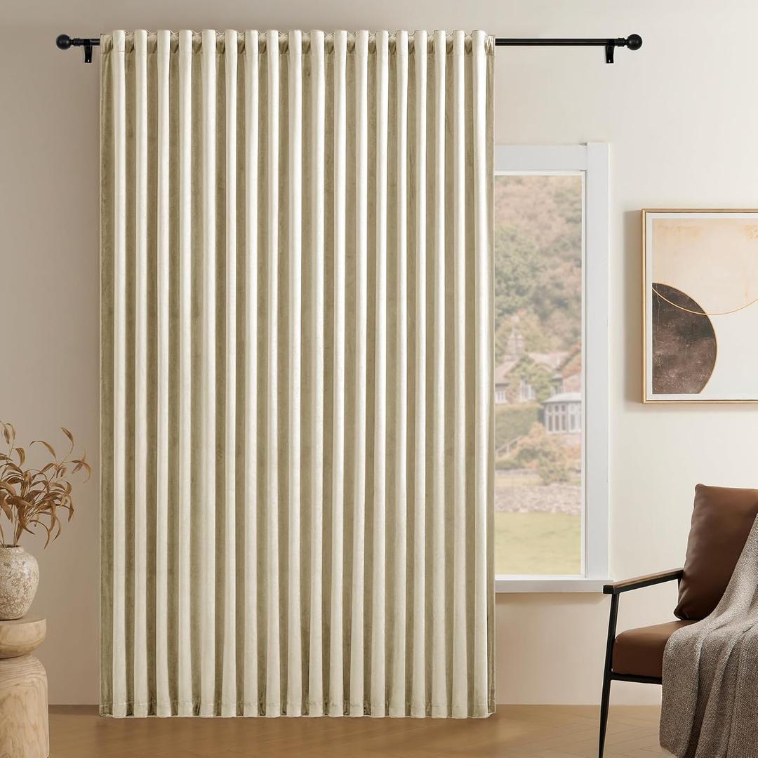 Timeper Beige Cream Pleat Back Tab Velvet Curtains W104 x L96 inches 1 Panel, Room Darkening Solid Home Decor Curtains for Bedroom Living Dining Room Thermal Insulated Luxury Super Soft Window Drapes