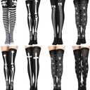 Geyoga 8 Pairs Thigh High Stockings for Women Gothic Skeleton Spooky Socks over Knee Long Socks for Halloween Cosplay (M)