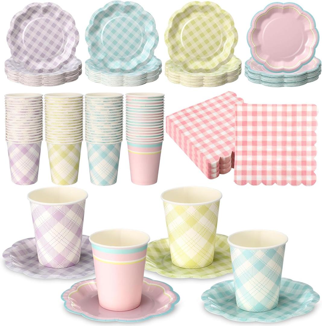 Yungyan 216 Pcs 72 Guests Pastel Gingham Party Supplies 6 Inch Plaid Paper Plates and 9 oz Cups and Napkins Tableware Set for Birthday Bridal Shower BBQ Picnic Party Supplies Decoration