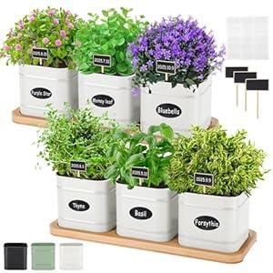 LemonRoad 6 Pcs Indoor Herb Planter Window Herb Pots for Kitchen with Drainage Hole and Bamboo Tray Farmhouse Metal Garden Planter Pot with DIY Label Mom Plant Gift(White,Square)