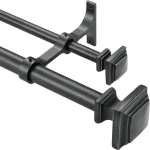 Double Wood Curtain Rods for Windows 36 to 72 Inches,1 Inch Decorative Wooden Curtain Rod with Square Imitation Wood Grain Finials and Double Aluminum Bouquet Bracket, Antique Black