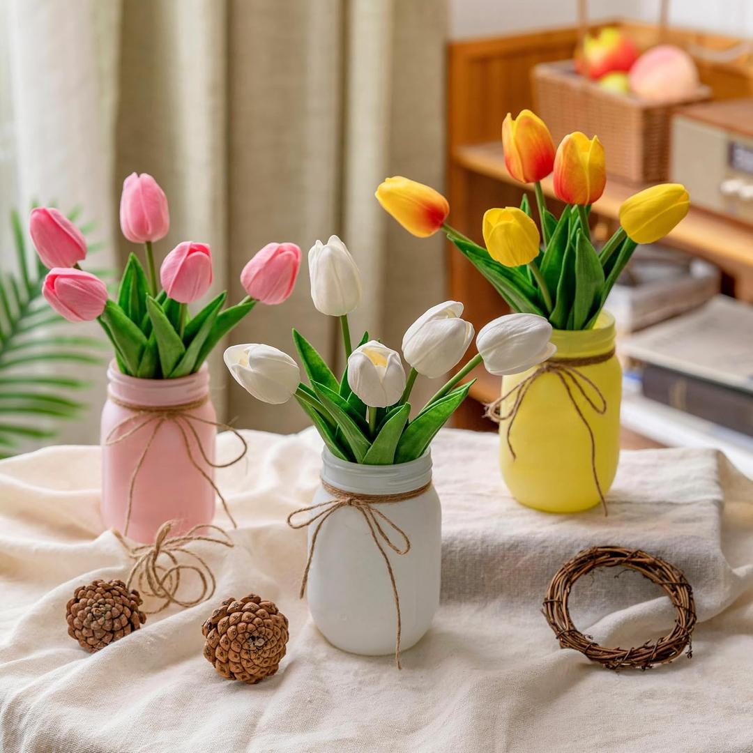 3 Pack Tulip Mason Jar Centerpiece Table Decorations, Kitchen Table Centerpieces for Dining Room, Spring Easter Coffee Table Decor with Tulips Artificial Flowers, Farmhouse Centerpieces for Tables (Pink,Yellow,White)