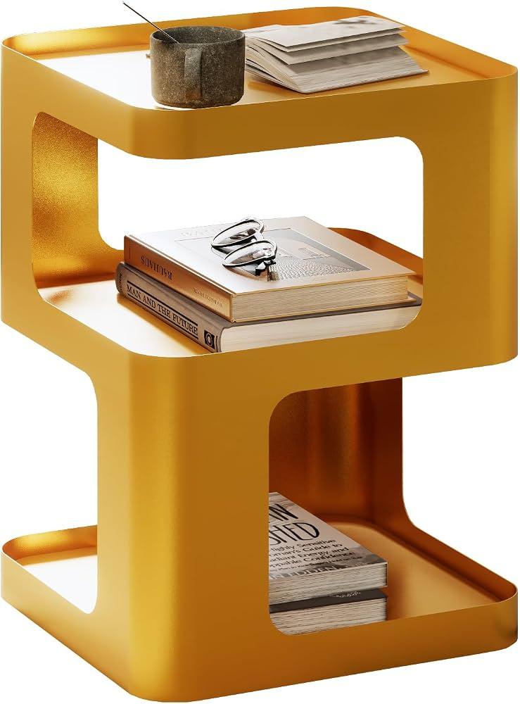 Side Table,Modern end Table,Metal Nightstand,Bedside Table,3-Tier Accent Table with Storage for Bedroom,Living Room,Small Space,Couch.No Assembly Required, 13.8 inches x 13.8 inches x 21.2 inches, Gold