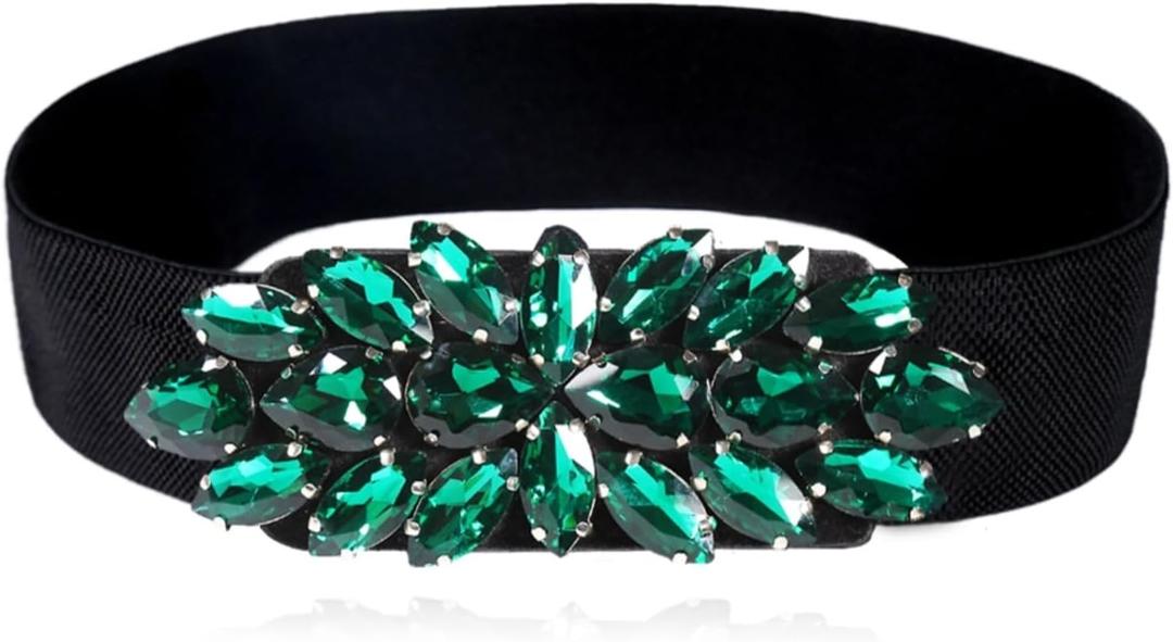 Women Big Rhinestone Belts Sparkly Crystal Belts Wide Stretchy Elastic Belt for Ladies Dresses (L-XL(32~37"), Classic Green)