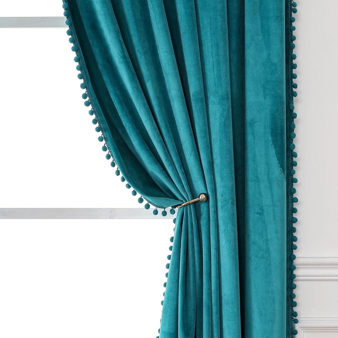 Victree Pom Pom Velvet Curtains for Bedroom, Blackout Curtains 52 x 84 inch Length - Room Darkening Sun Light Blocking Rod Pocket Window Drapes for Living Room, 2 Panels, Teal Blue