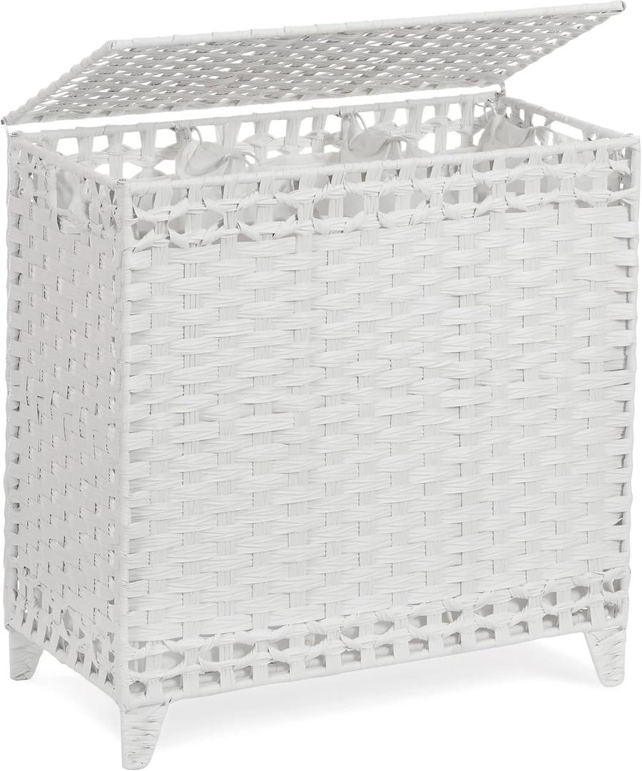 Laundry Hamper with 3 Removable Liner Bags; 132L Handwoven Rattan Laundry Basket with Lid & Heightened Feet; Clothes Hamper with Side Handles; Laundry Sorter with 3 Separate Sections (White) (132L (25.98x13x26.57 Inches))