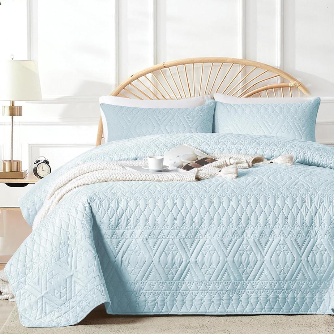 akkialla Twin Size Quilt Bedding Set,Sky Blue Lightweight Microfiber Soft Bedspreads,Modern Style Geoetric Pattern Coverlet Set for All Seasons,2 Piece(1 Quilt,1Pillow Sham)
