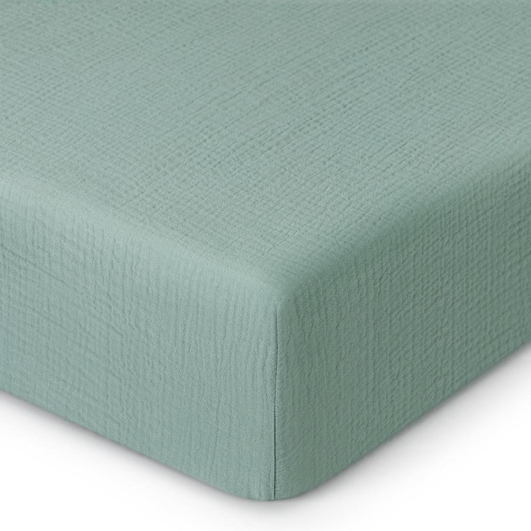 Blissful Diary Muslin Crib Sheets for Girl Boy, Boho Neutral Soft Cotton Baby Sheet for 52''x28'' Standard Crib Mattress, 1 Pack(Roman Green) (Crib Sheet 1 Pack)