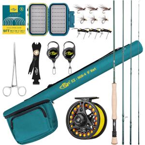 SF Fly Fishing Rod Combo Starter Kit Semi Gloss Green Jade Finish 24T Carbon Fiber Trout Travel Fly Rod with Reel,Fly Rod case,Fly Box , Flies,Tapered Leader,Knot Tying Tools, 9', 8wt, 4sec, M.F
