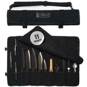Asaya Waxed Canvas Chef Knife Roll Bag with 10 Slots and a Zipper Pocket - Professional Chef Knife Bag & Storage Case, with Shoulder Strap - Knives Not Included (Black)