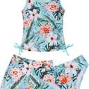 Patgoal Girls 2 Piece Bathing Suit Summer Racerback Top Bikini Swimsuit with Shorts Beach Tankini Sets (15-16 Years, Light Blue + Floral)