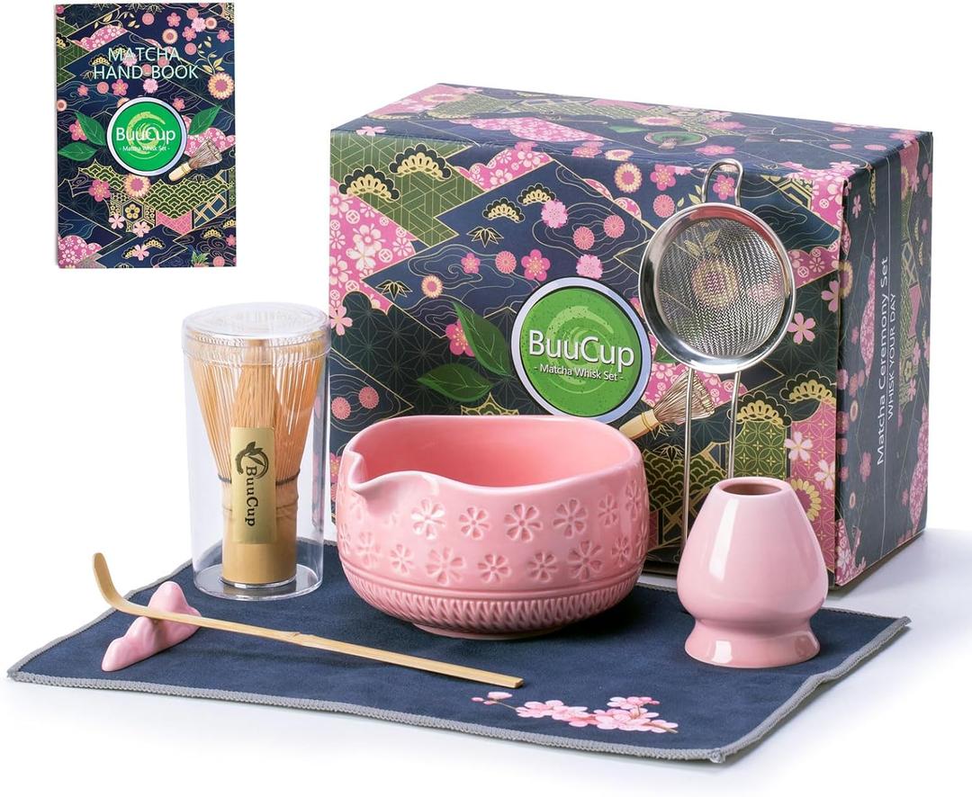 Buucup Matcha Whisk Set, Ceramic Matcha Kit Set Includes Matcha Bowl, Matcha Whisk and Holder, Bamboo Scoop, Scoop Rest, Sifter and Tea Towel - 7 Pcs Matcha Kit for Matcha Lovers (Pink)