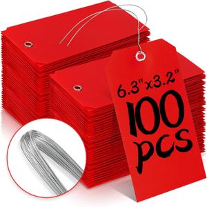 100 Plastic Shipping Tags - Red, 6 1/4" x 3 1/8", Waterproof, Durable, Reinforcement Hole, Stacking Labels for Equipment Parts