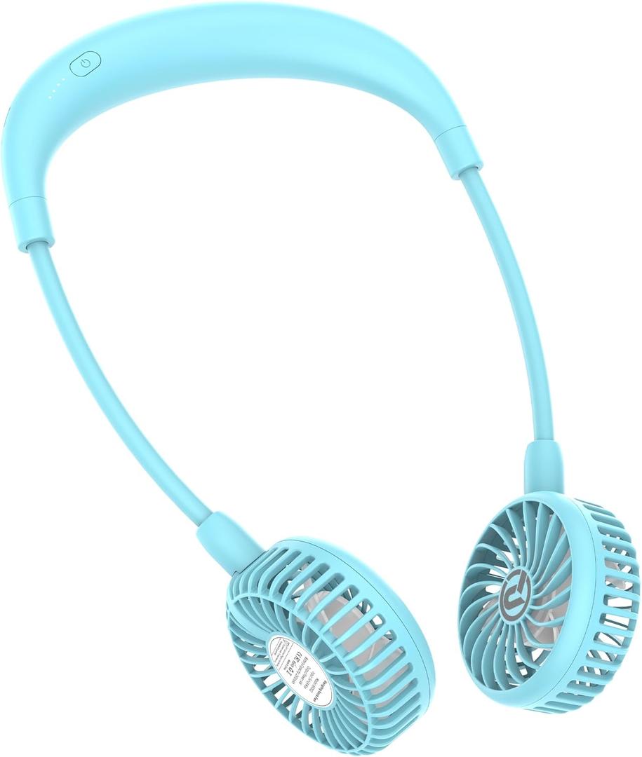Portable Neck Fan, 2600mAh Battery Operated, Ultra Quiet Hands Free USB Fan with 3 Speeds, Strong Wind, 360 Adjustable High Flexibility Wearable Personal Fan for Sport Office Outdoor Travel-Cyan