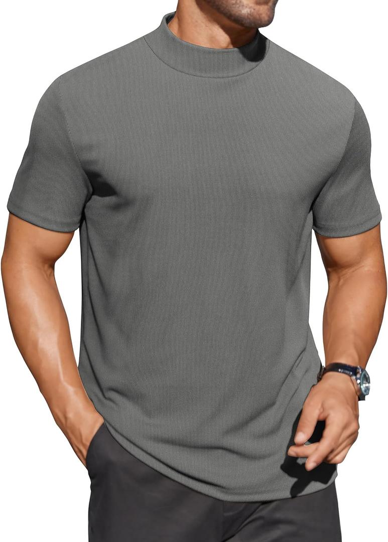 COOFANDY Mens Mock Turtleneck Shirts Short Sleeve Casual Basic T-Shirts Ribbed Solid Pullover Tops (Large, Dark Grey)