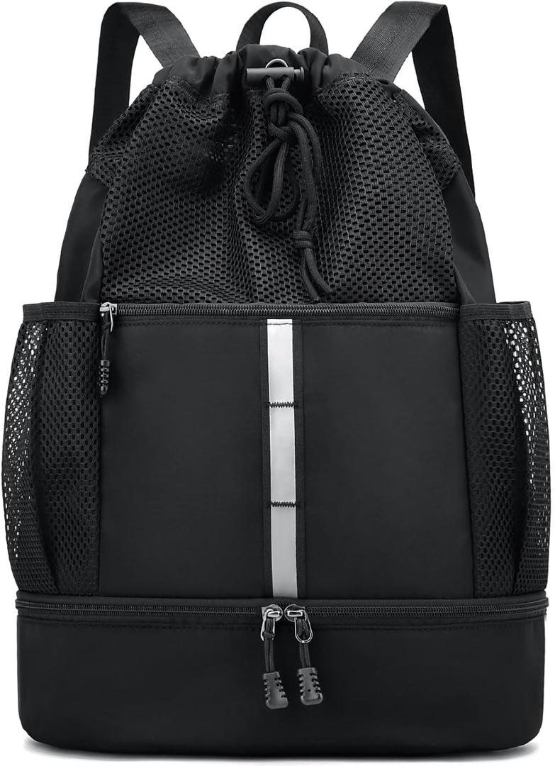 PinCute Drawstring Gym Bag for Men/Women - Mesh Beach Swim Bags Sports Backpack with Wet Pocket&Shoe Compartment, Lightweight (Black)