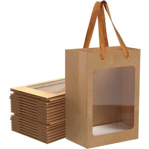 BallHull 12 Pcs Brown Paper Gift Bags with Transparent Window, 9.84"x7.0"x5.12" Kraft Shopping Bags with Handles for Bouquet Christmas Birthdays Festivals Party Weddings Wrapping