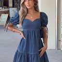 POTILI Denim Dress for Women Puff Short Sleeve Jean Dresses Sweetheart Neck Denim Mini Dress (Blue, M)