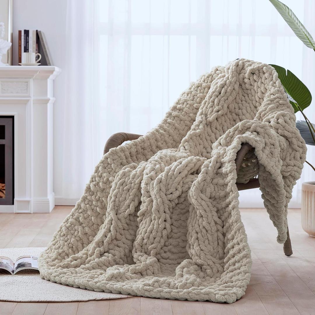 Chunky Knit Blanket Throw - 100% Hand Knitted Chunky Soft Throw Blanket for Couch, Thick and Warm for Winter, Linen, 40x50 Inches