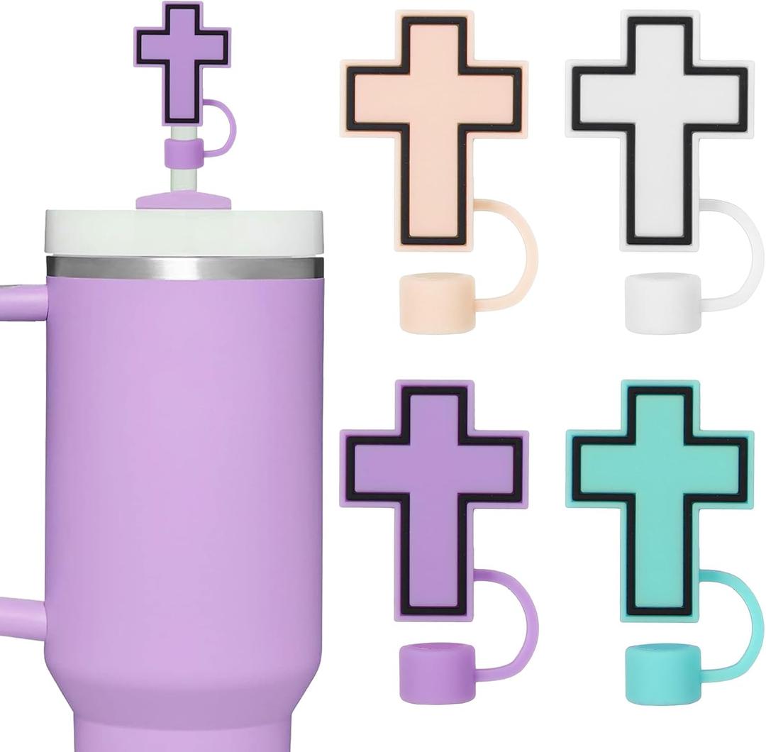 JarThenaAMCS 4Pcs Jesus Faith Straw Cover Caps 0.4 Inch Silicone Reusable Christian Cross Straw Topper Double Sided Pattern Straws Tip Covers for 30 & 40 OZ Tumbler Cups
