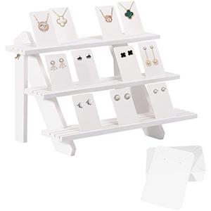 51pcs Wood Tiered Earring Display Stand, 3-Tier White Retail Jewelry Card Display With Groove + 50 Earring Cards, Portable Ring Organizer Holder, Showcase Racks for Business Has Damage
