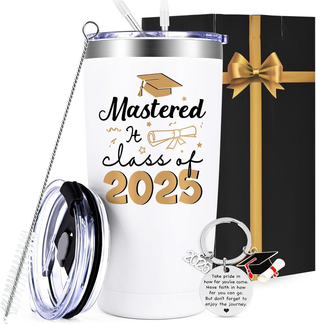 Qtencas 2025 Graduation Gifts, Mastered it Class of 2025, 20 oz Stainless Steel Travel Tumbler, High School Master PHD College Graduation gifts for Her Friends Classmates Daughter Niece, White