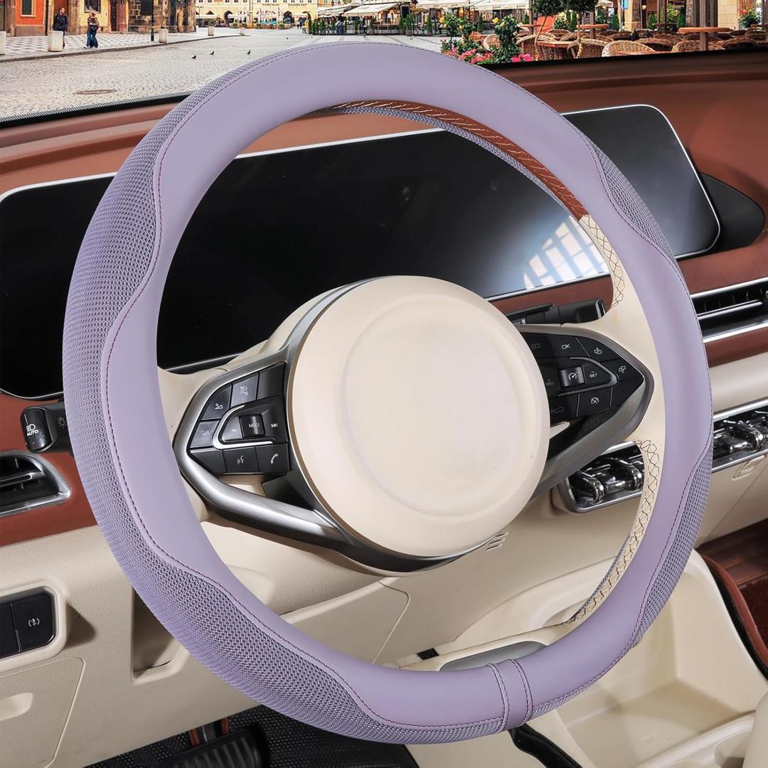 Nappa Leather Purple Steering Wheel Cover, Advanced Microfiber Leather Non-Slip Breathable Fabric, Warm in Winter and Cool in Summer, Universal 15 inch