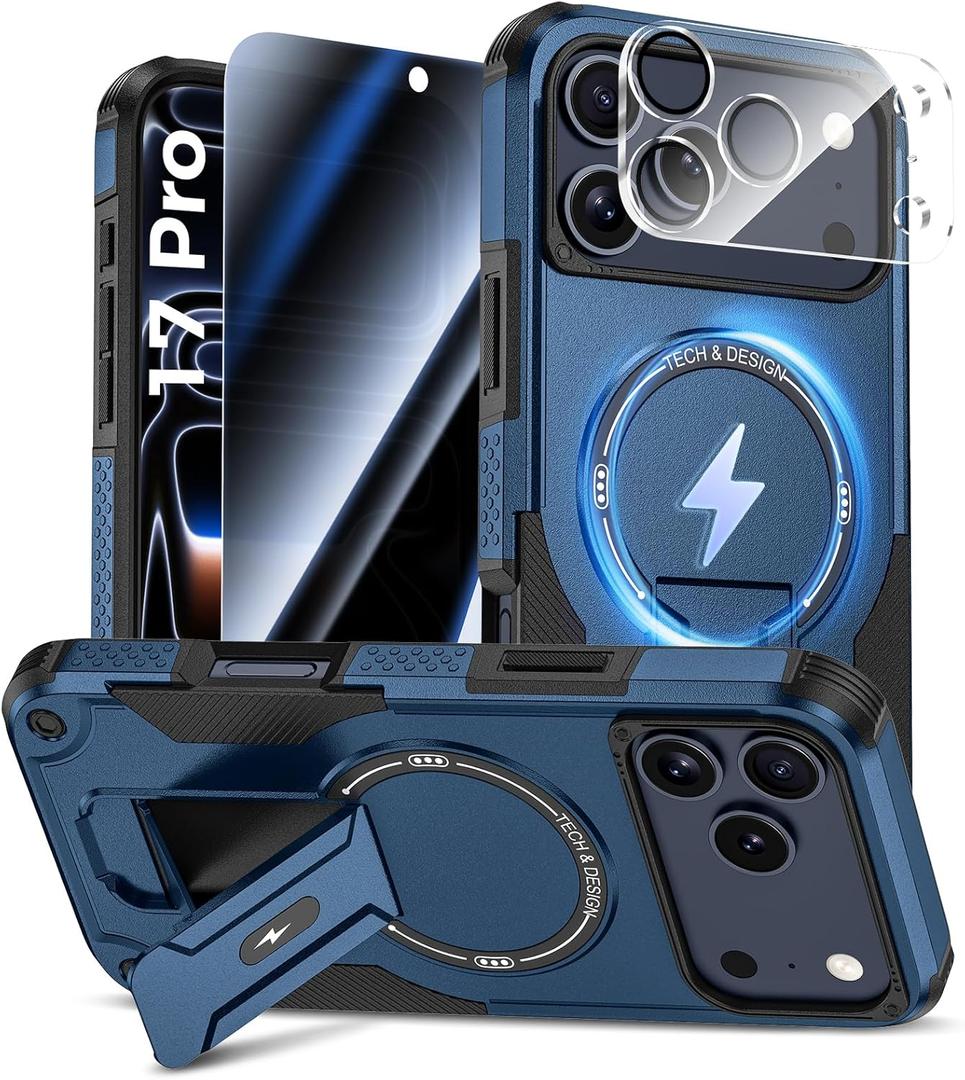 for iPhone 17 Pro Case with Privacy Tempered Glass Screen Protector & Camera Lens Protector, Compatible with MagSafe, Invisible Kickstand, Shockproof Phone Cover, Blue