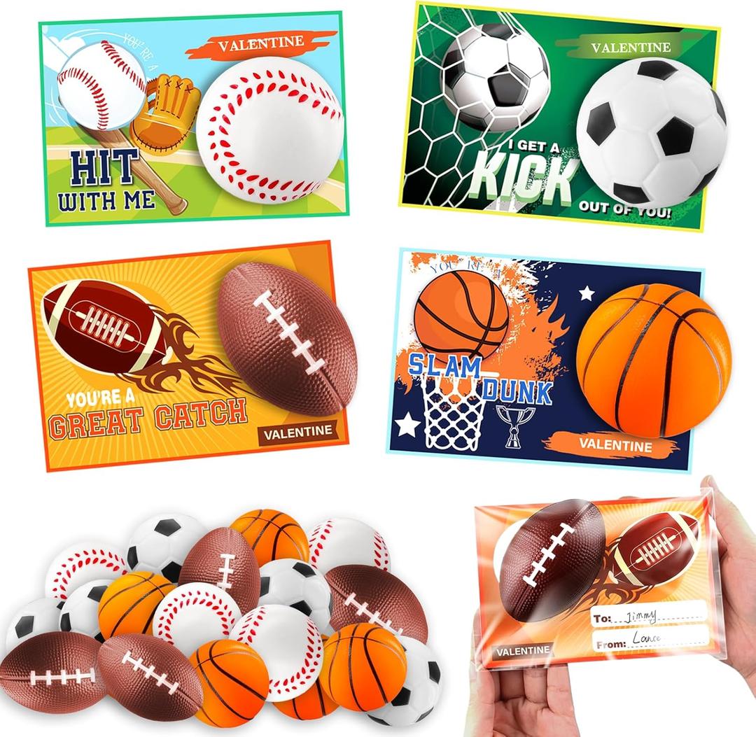 Garma 28 Pack Valentines Gift Cards with Mini Foam Sport Balls Bulk Toys for Kids Classroom Exchange Prizes and Goodie Bags Stuffers, Valentines Stress Relief Party Favor Toys