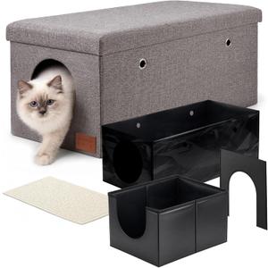 Cat Litter Box Enclosure Set with Foldable Pan & Removable Liner