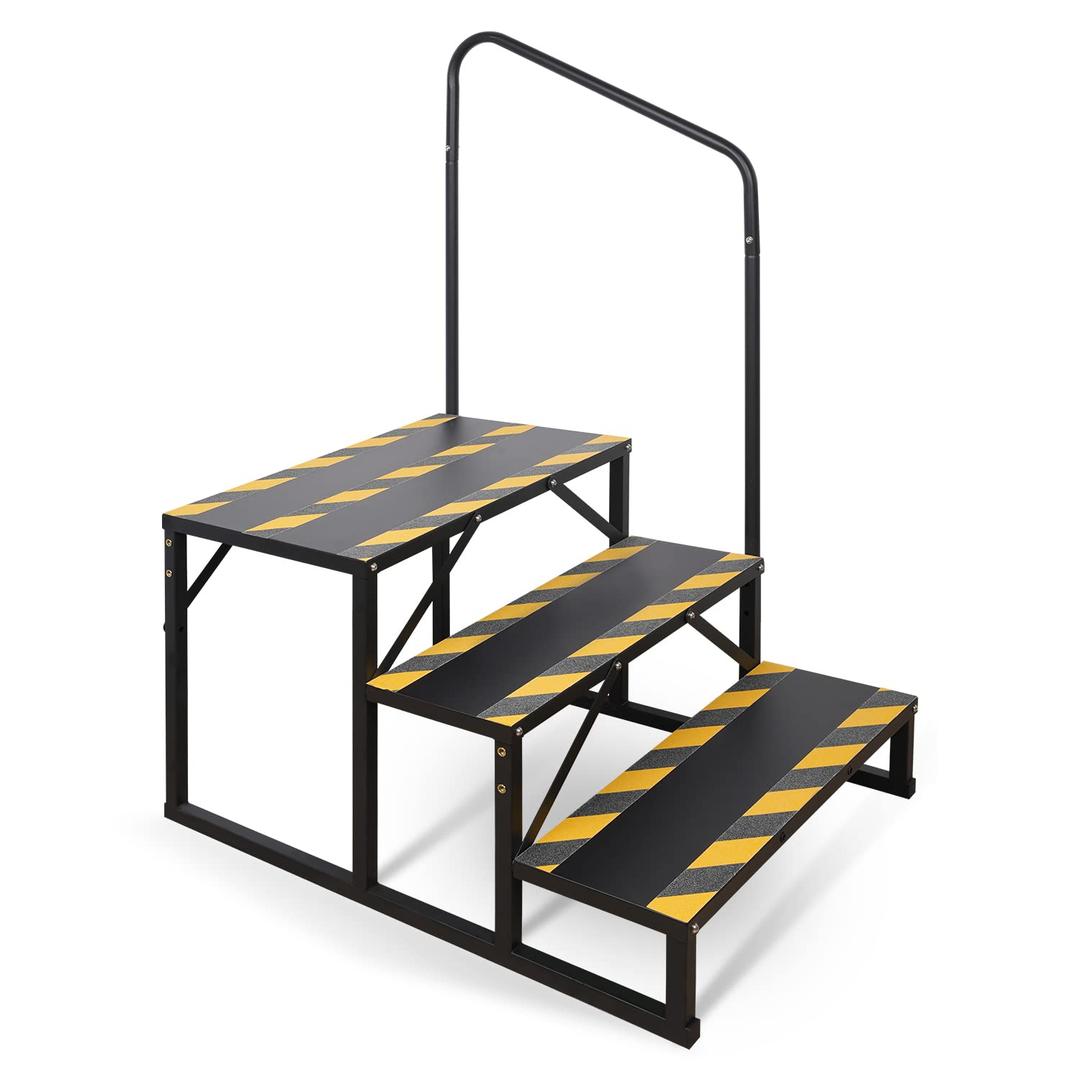 3 Step RV Stairs, Hot Tub Steps, Outdoor Spa Step Ladder with Handrail,Portable Economy 5th Wheel Stair for Travel Trailer, Motor Home, Camper and Porch with Non-Skid Tapes