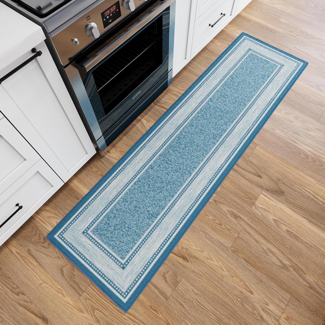 Ottomanson Runner Rug 1'10" x 7' Non Slip Rubber Backed Kitchen Rug for Sink Area, Hallway Carpet Runner, Low Pile Indoor Runner Rug for Laundry Room and Entryway, Border Blue