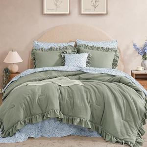 BLOOMHAVEN Queen Comforter Set - 7 Pieces Ruffle Sage Green Bedding Sets, Shabby Chic Farmhouse Bed in a Bag Queen with Ruffle Comforter, Floral Sheets, Pillowcases & Shams