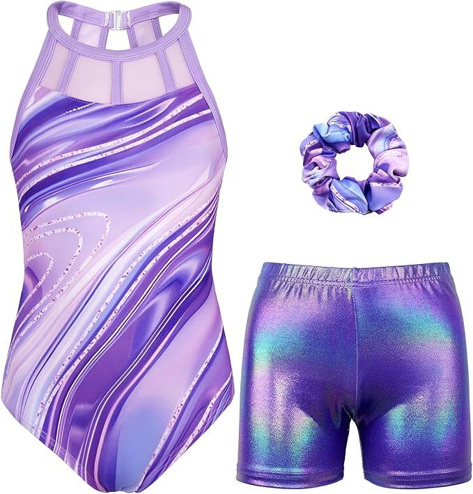 Gymnastics Leotards for Girls With Shorts Sparkly Ballet Dance Mesh Tank Activewear, 120